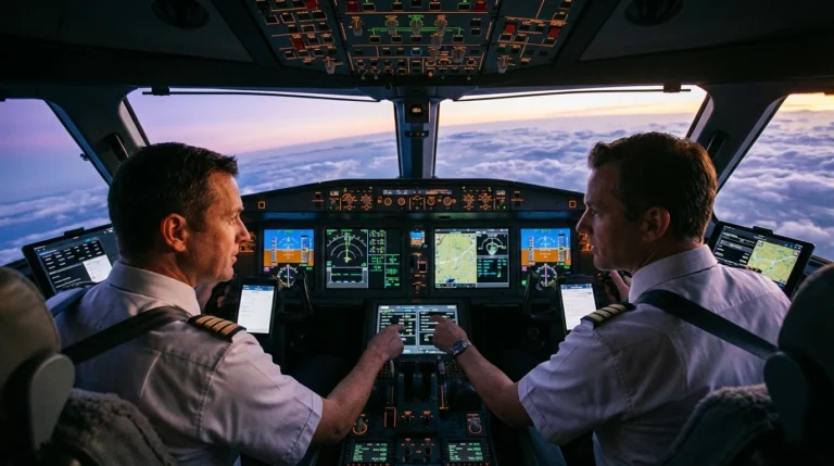 Private jet cockpit with pilots monitoring instruments during long-haul flight