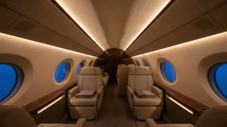 Ultra-quiet private jet cabin interior with premium leather seating and ambient lighting, illustrating advanced acoustic engineering