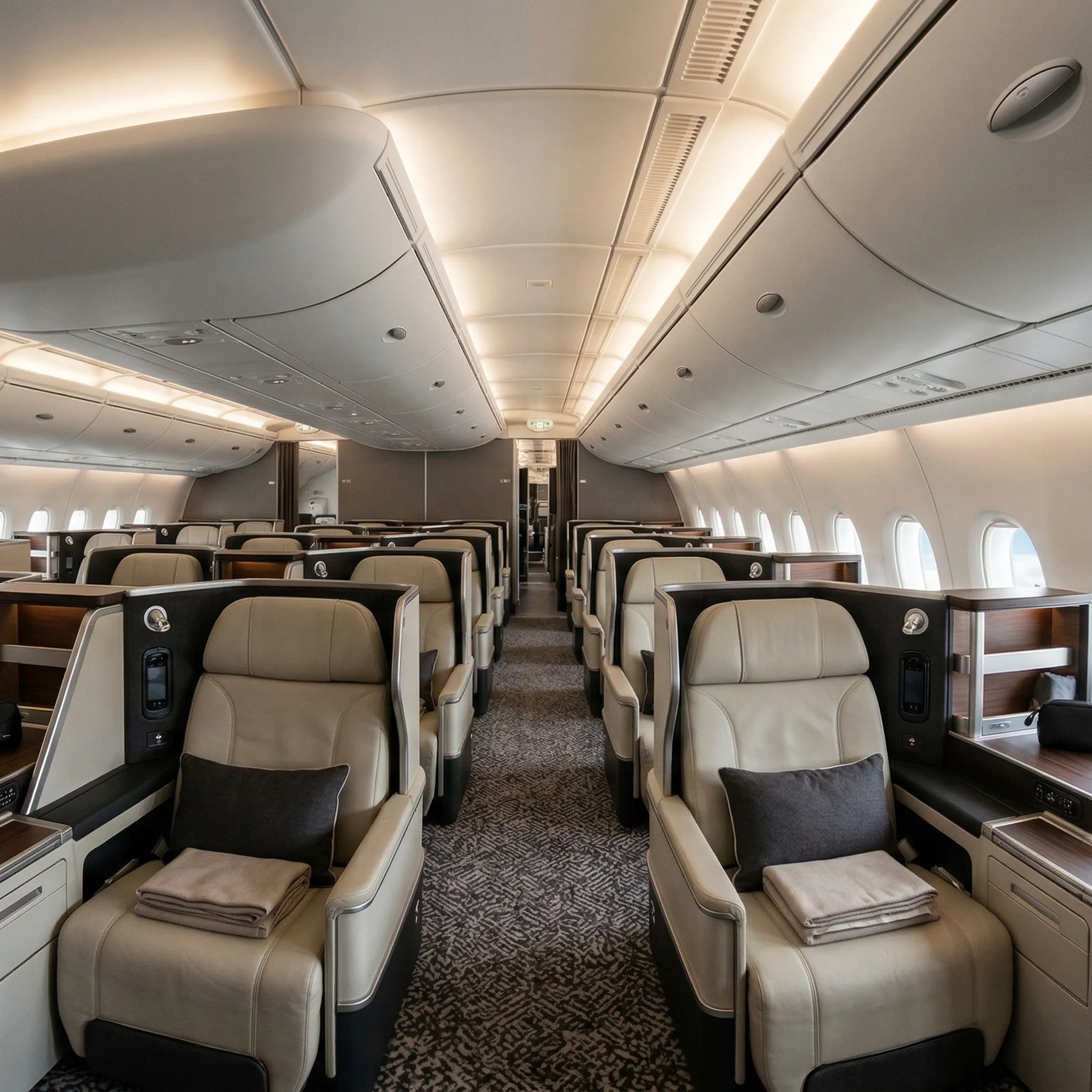 Airbus A380 upper deck cabin interior configured for luxury charter with premium flat-bed seating and ambient lighting