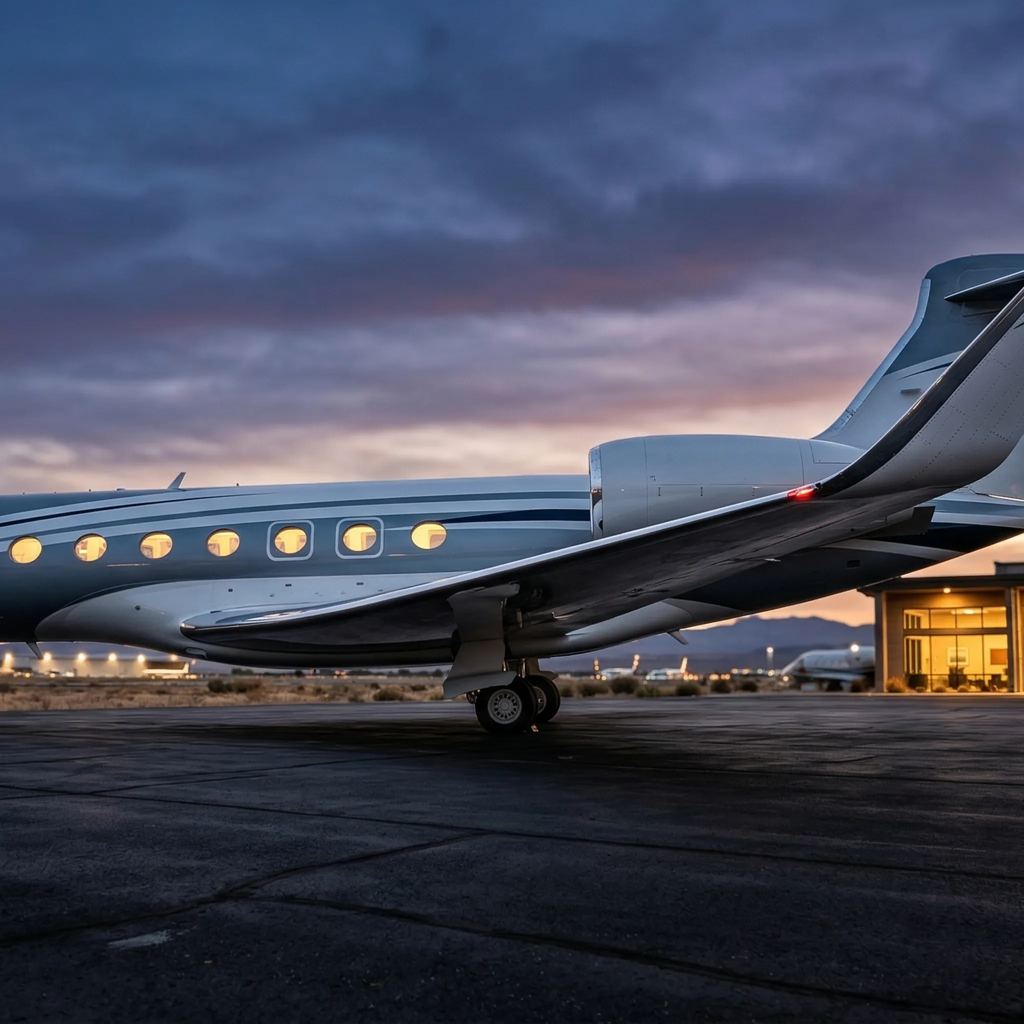 Gulfstream G700 private jet parked at an executive FBO ramp at dusk, representing elite private aviation options for celebrity travel