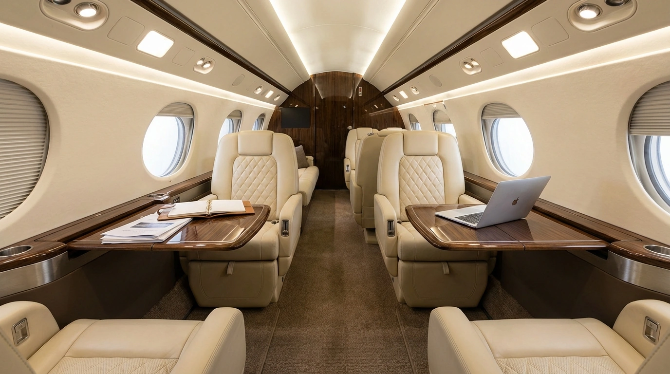Private jet cabin interior with executive leather seating and work tables representing business travel productivity