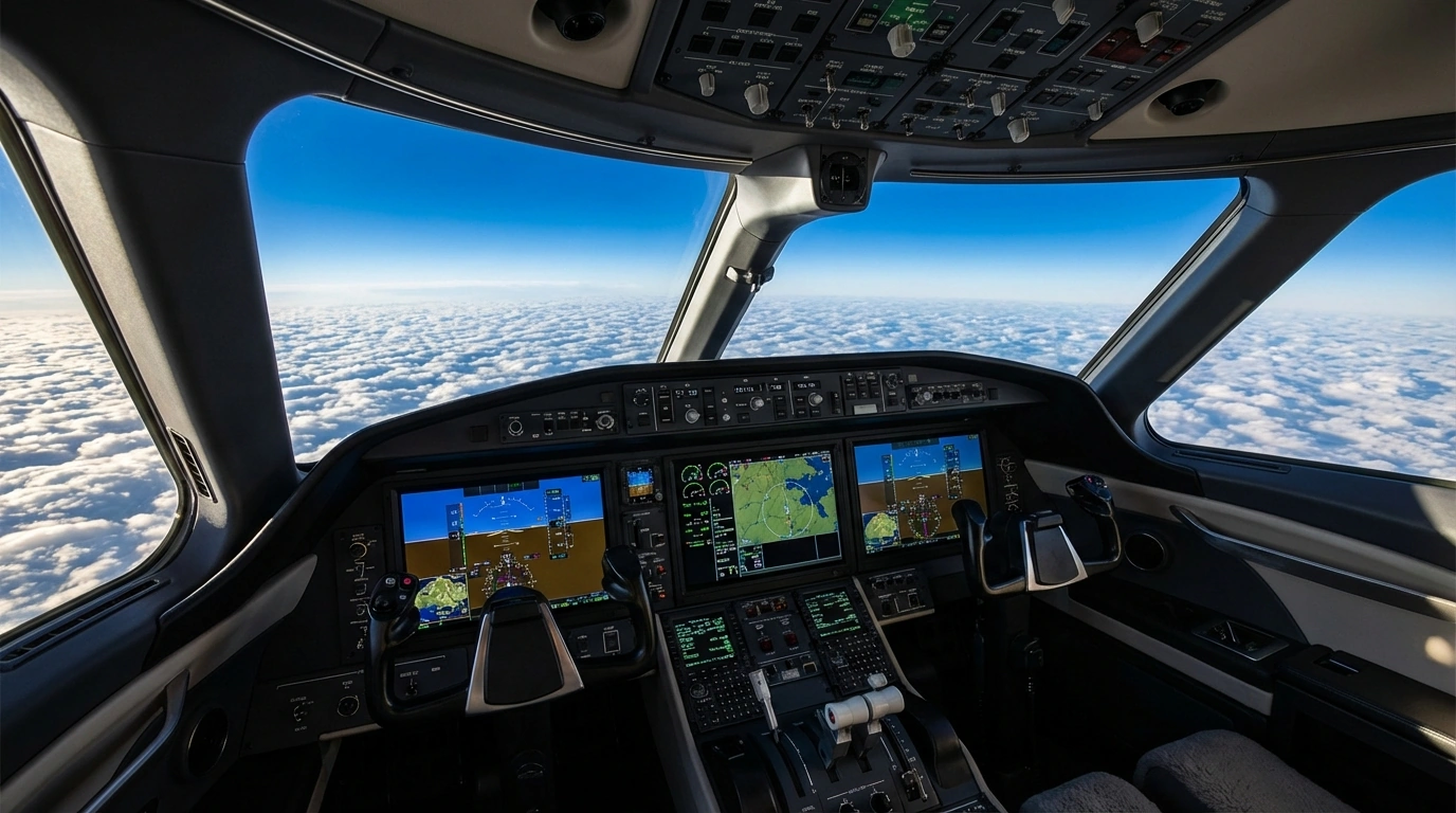 Private jet cockpit view looking through windscreen at blue sky above clouds with modern avionics displays