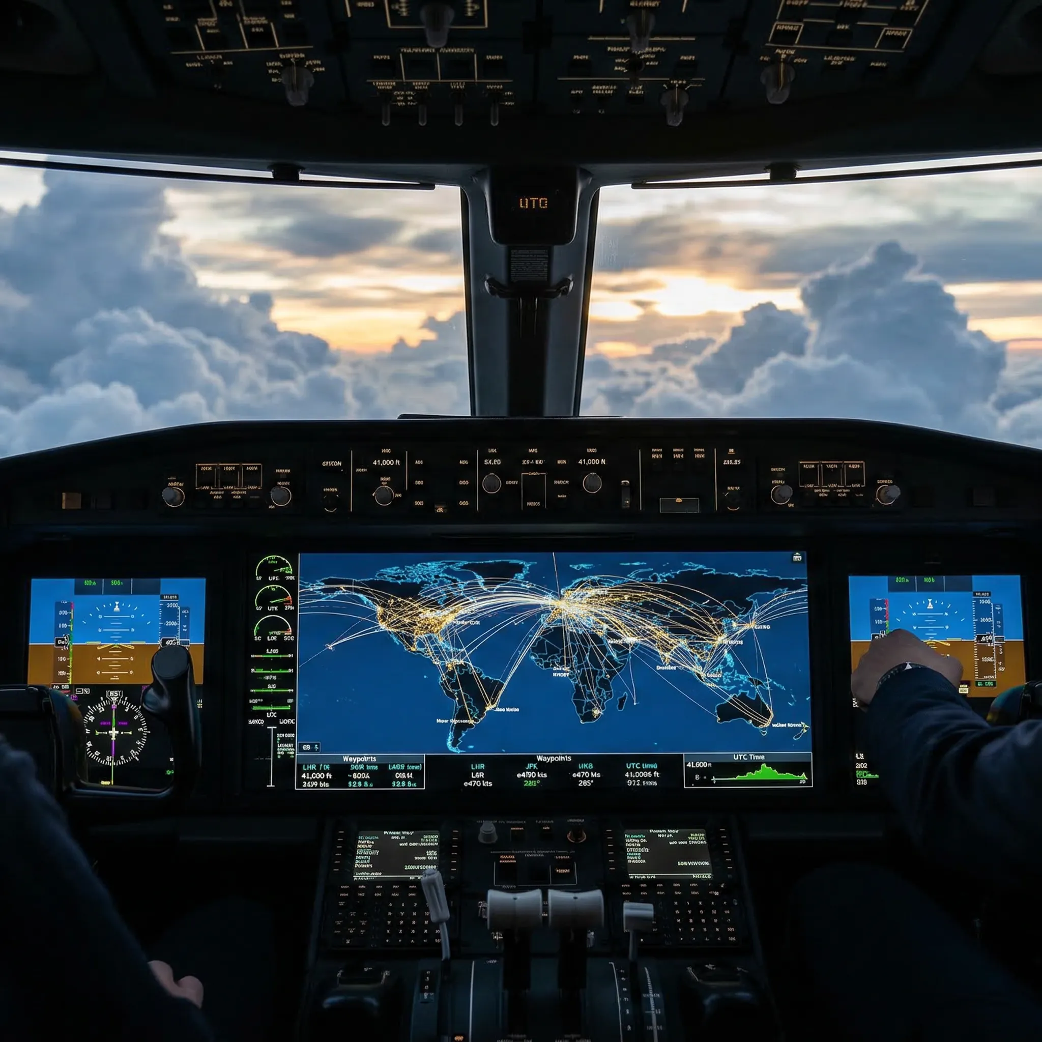 Business jet cockpit avionics display showing global flight routes, representing expanded charter network coverage