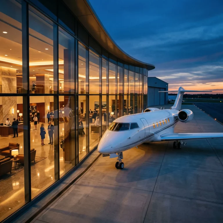 Business jet inside a luxury FBO terminal at dusk, representing private charter aviation consolidation