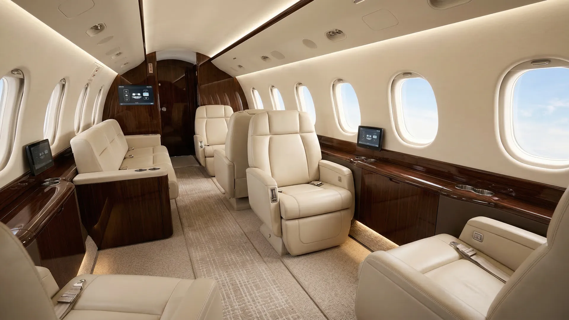 Luxurious super-midsize private jet cabin interior with leather seating and natural window light