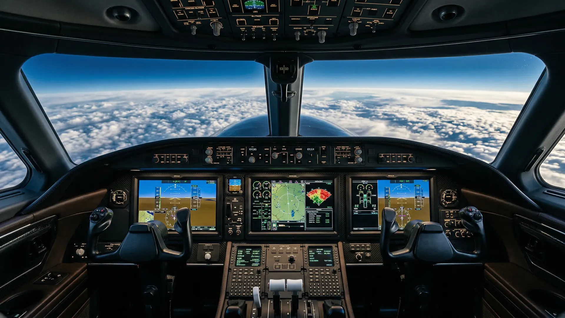 Advanced avionics cockpit of a modern super-midsize private jet at cruise altitude