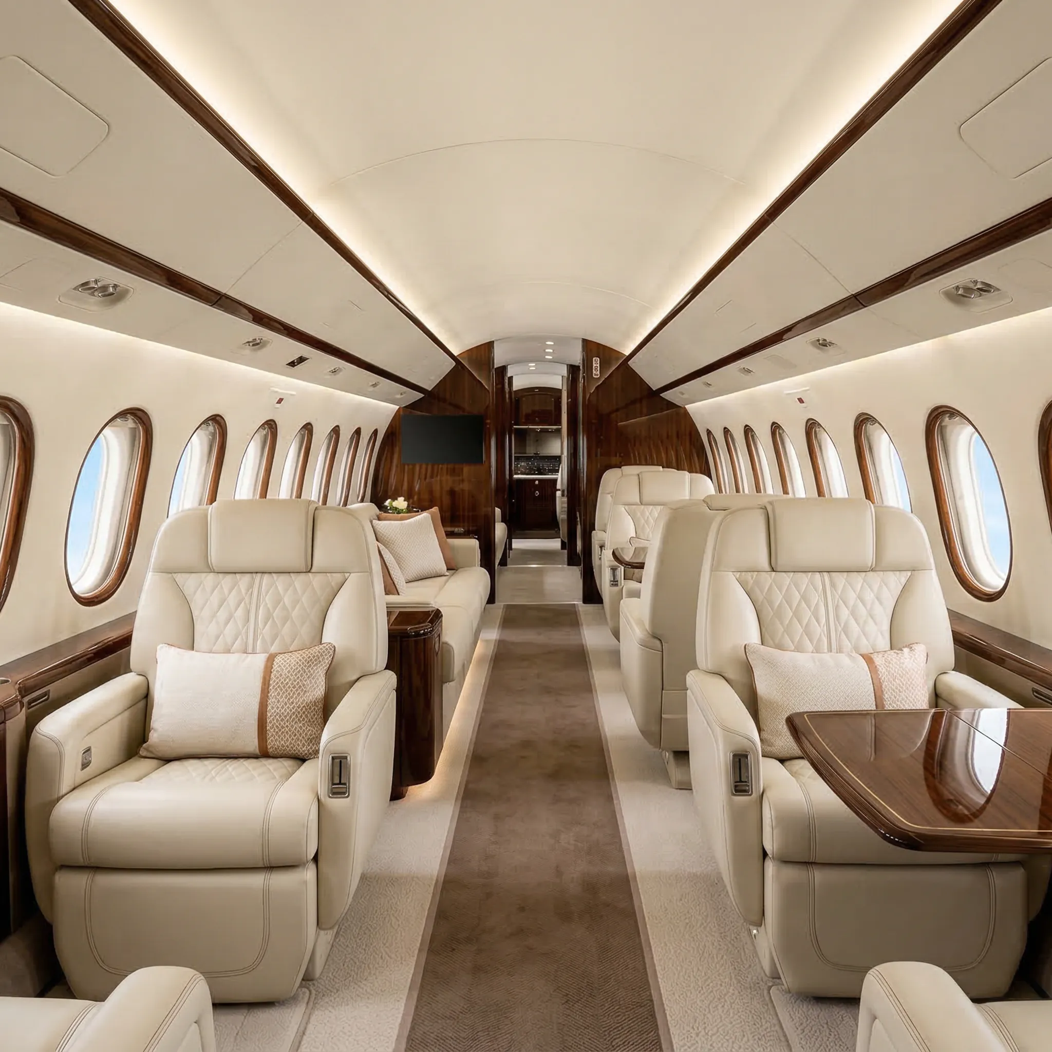 Gulfstream G700 ultra-long-range jet cabin interior with large oval windows and luxury bespoke seating