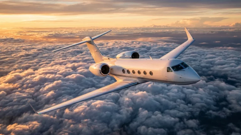 Gulfstream G300 super-midsize private jet flying above clouds at golden hour