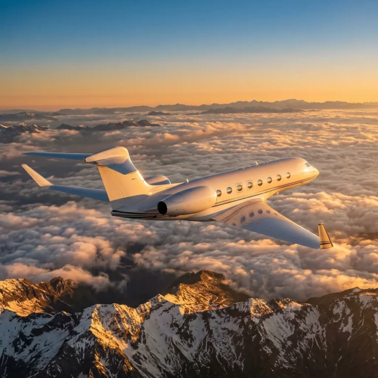 Gulfstream G800 ultra-long-range private jet flying above clouds at golden hour
