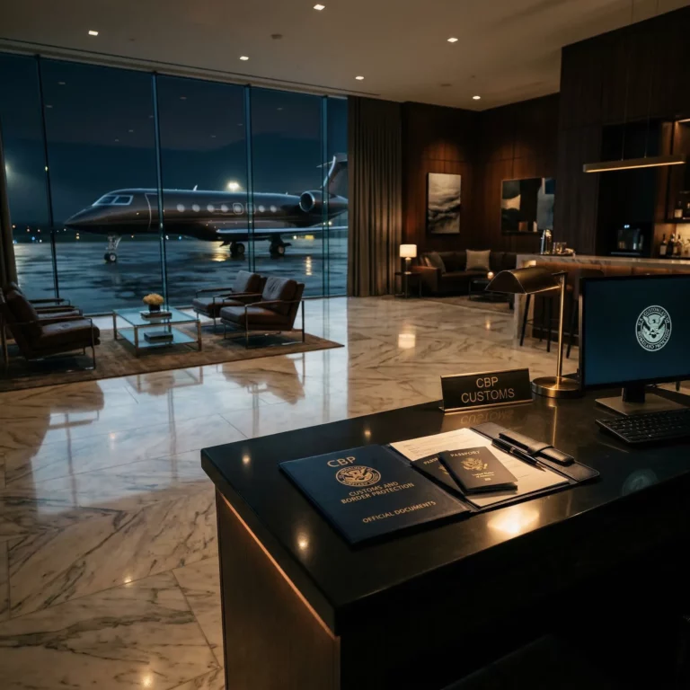 Private aviation FBO customs inspection area with passports and travel documents on a sleek terminal counter