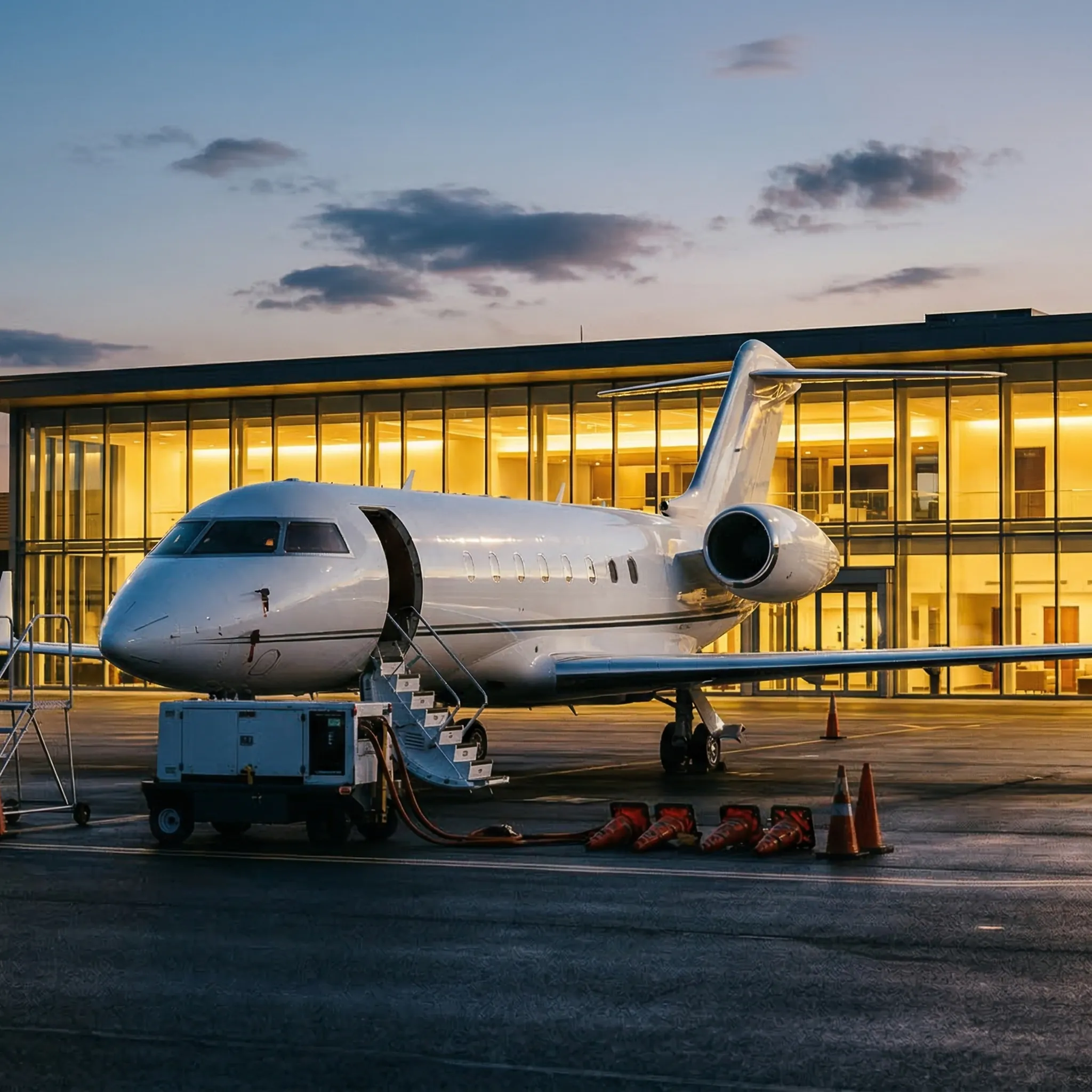 Private jet parked at an FBO ramp at dusk with terminal lights glowing in the background