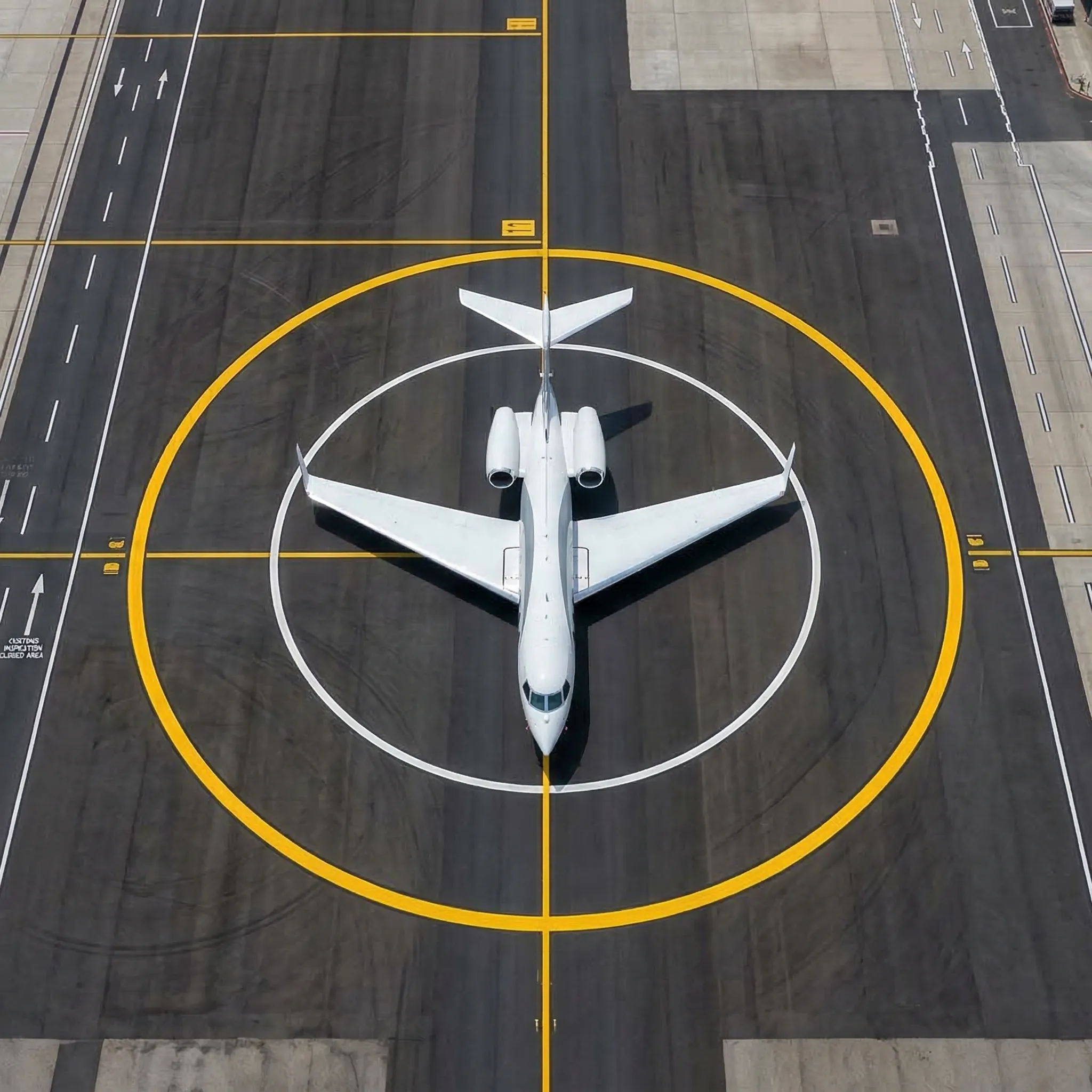 Aerial view of a private jet at a designated customs inspection circle on airport tarmac