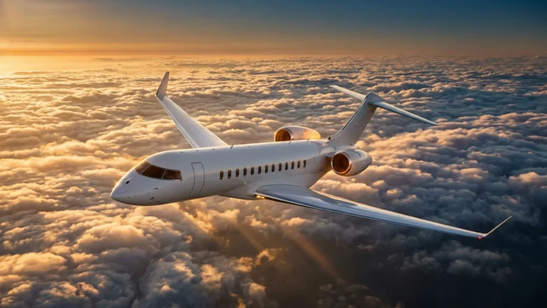 Bombardier Global 7500 private jet flying above clouds at golden hour, ultra-long-range business aviation
