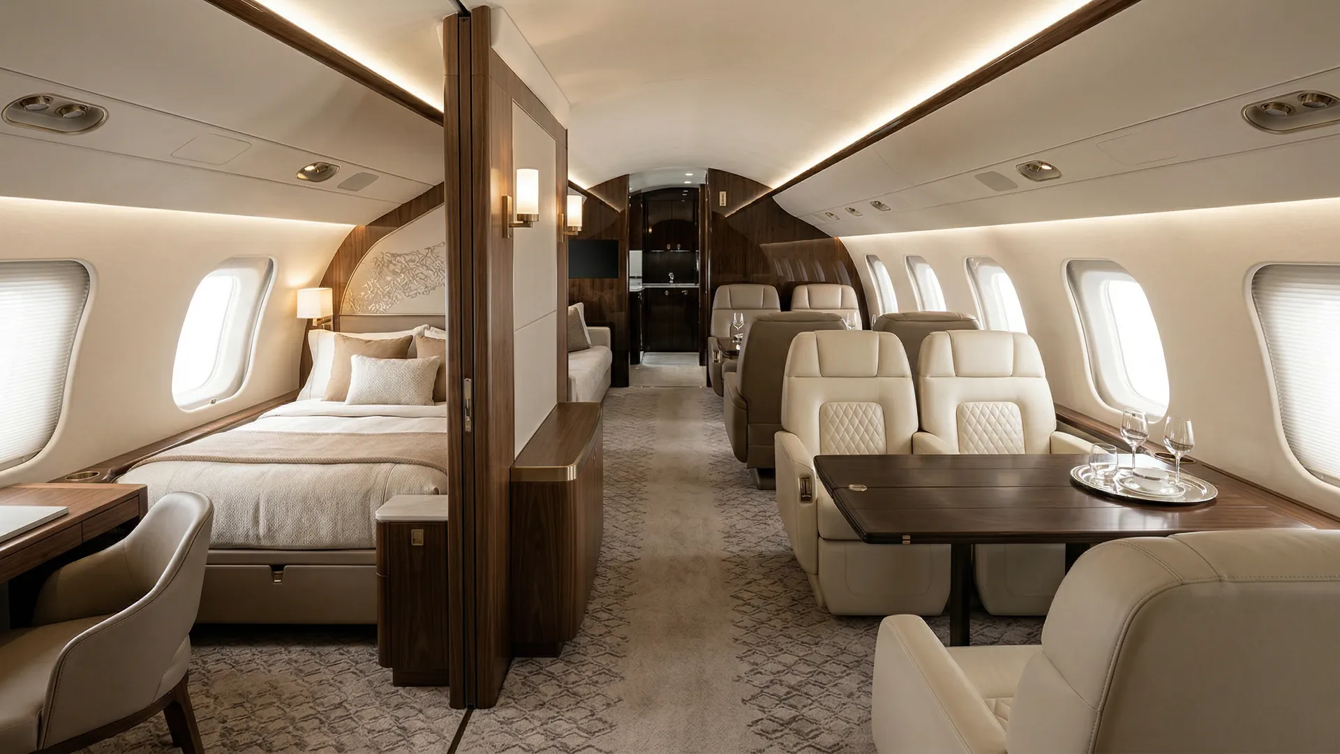 Bombardier Global 7500 luxury cabin interior with four-zone configuration, custom furniture, and ambient lighting