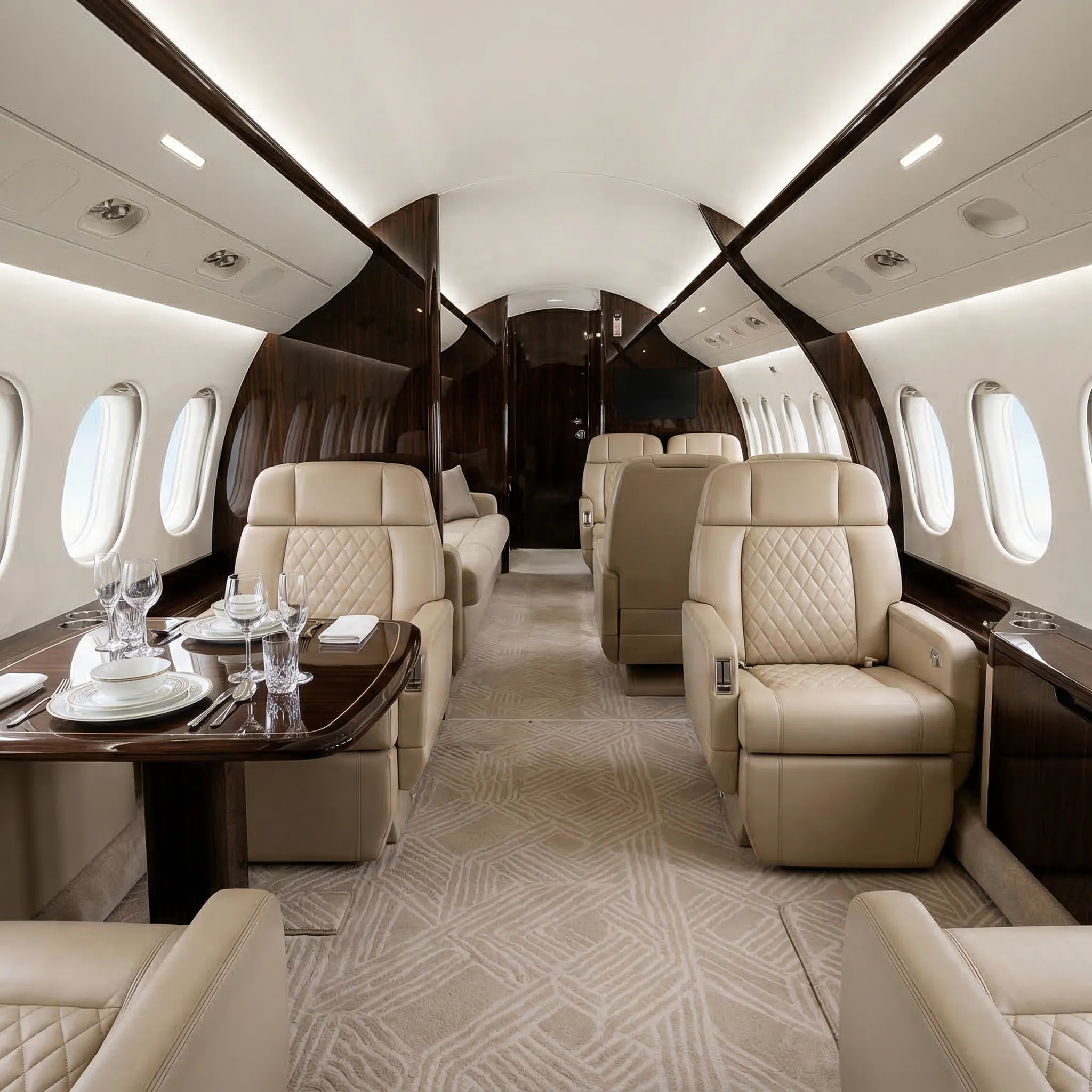 Dassault Falcon 8X bespoke cabin interior with leather seating, conference area, and premium finishes