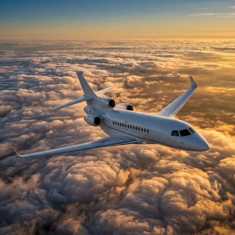 Dassault Falcon 8X private jet flying above clouds at golden hour, showcasing its ultra-long-range trijet design