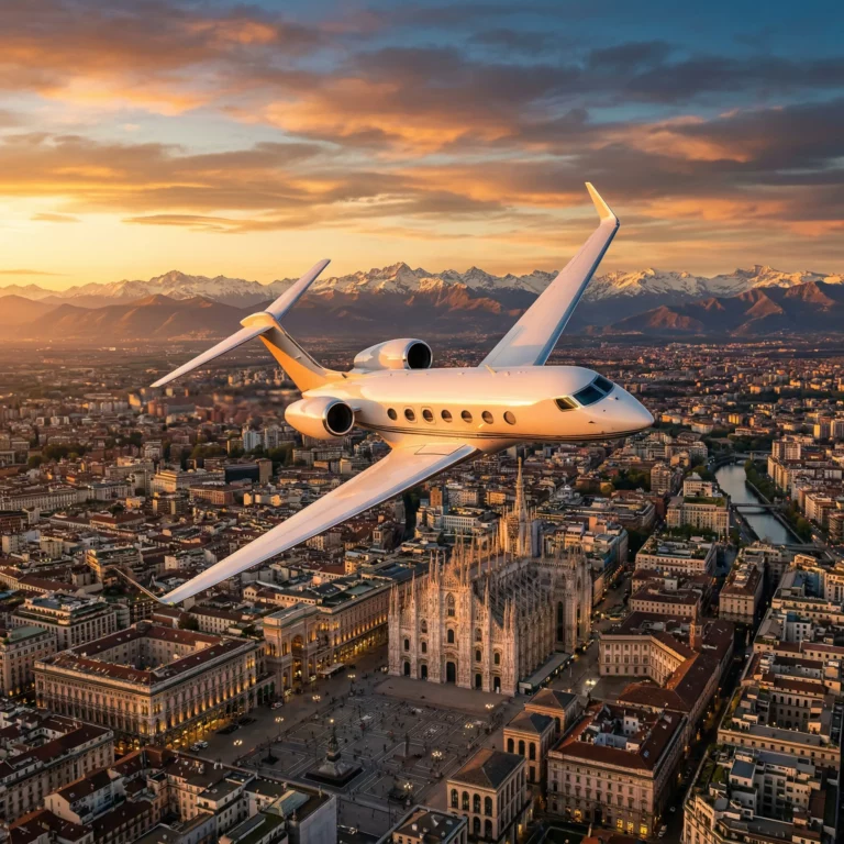Private jet flying over Milan Italy with Alpine backdrop at golden hour