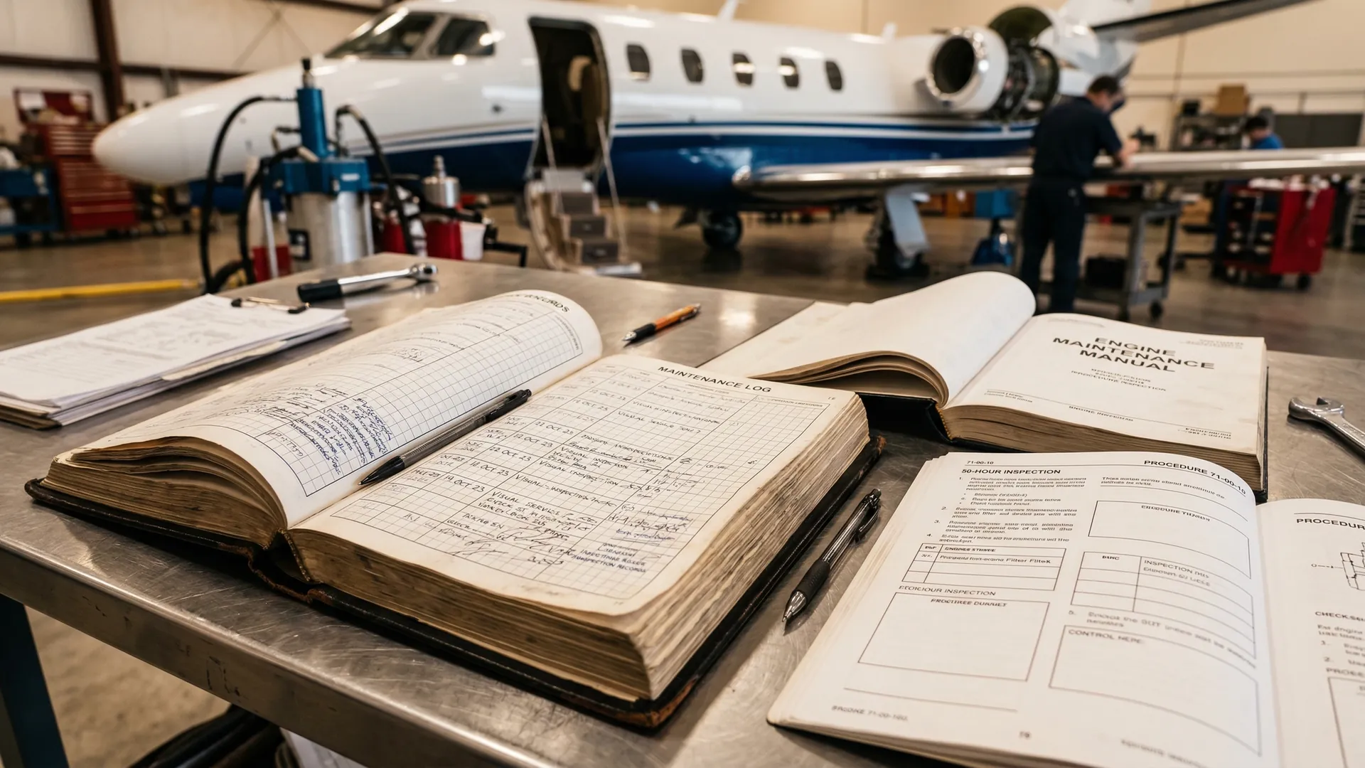 Aviation maintenance logbooks and pre-buy inspection documentation reviewed before a private jet purchase