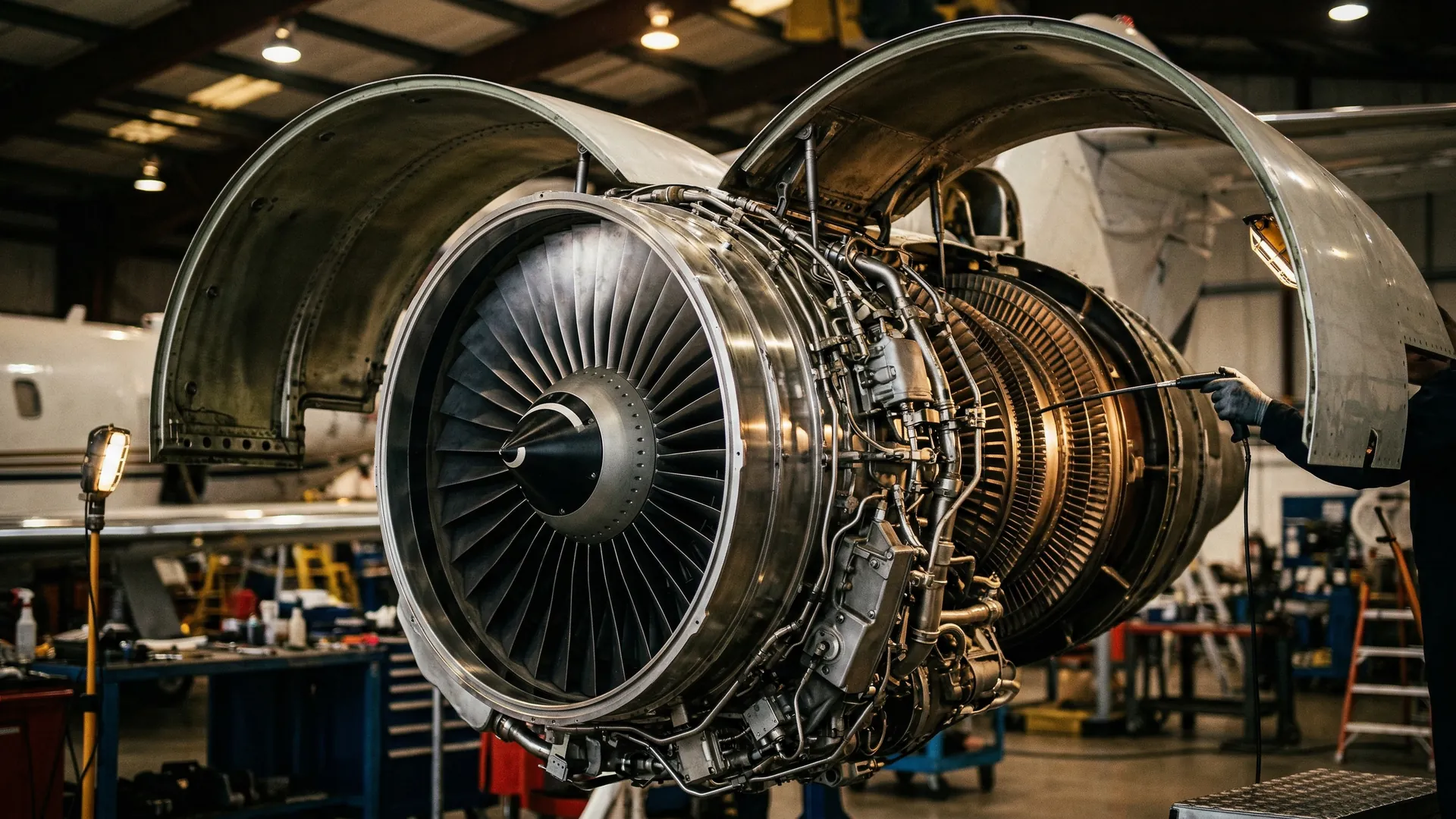 Business jet turbofan engine with cowling open during a borescope pre-buy inspection in a private aviation hangar