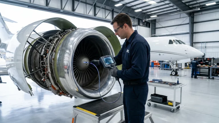 Aviation technician performing a pre-buy borescope engine inspection on a business jet in a professional maintenance hangar