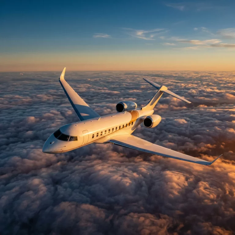 Bombardier Global 7500 private jet flying above clouds at golden hour sunset