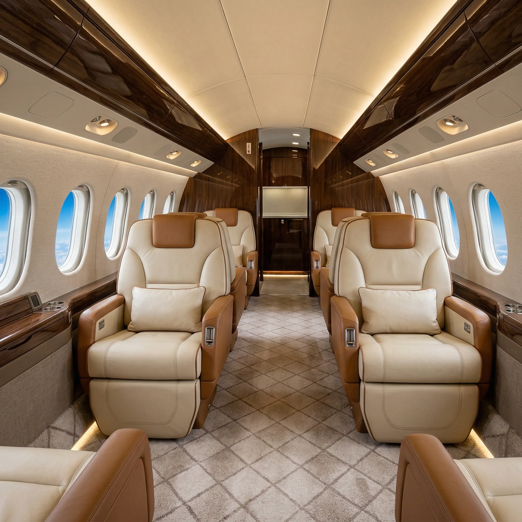 Luxurious large-cabin private jet interior with leather seats and panoramic windows above clouds