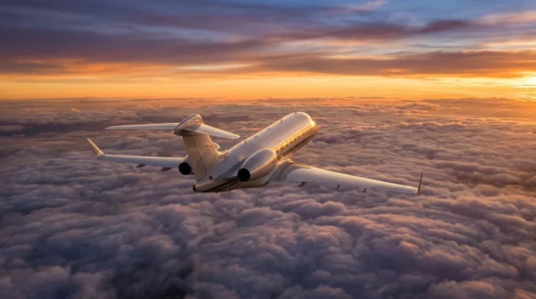 Midsize private jet flying above clouds at golden hour representing the return of business aviation travel in 2026