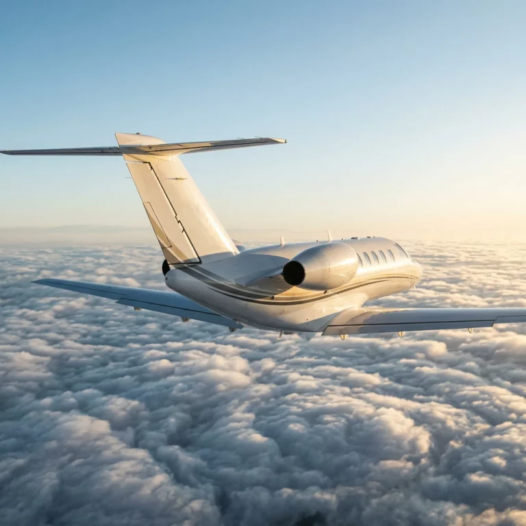 Cessna Citation CJ3 Gen2 light jet flying above clouds at golden hour