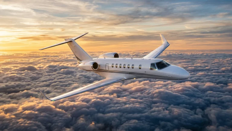 Cessna Citation CJ4 Gen3 light jet flying above clouds at golden hour