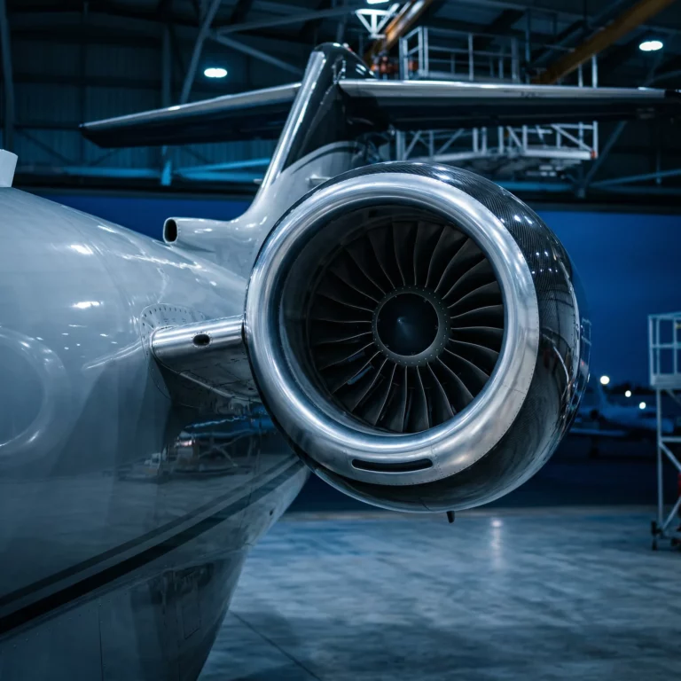 Close-up of a high-bypass turbofan engine on a private business jet in a luxury aviation hangar