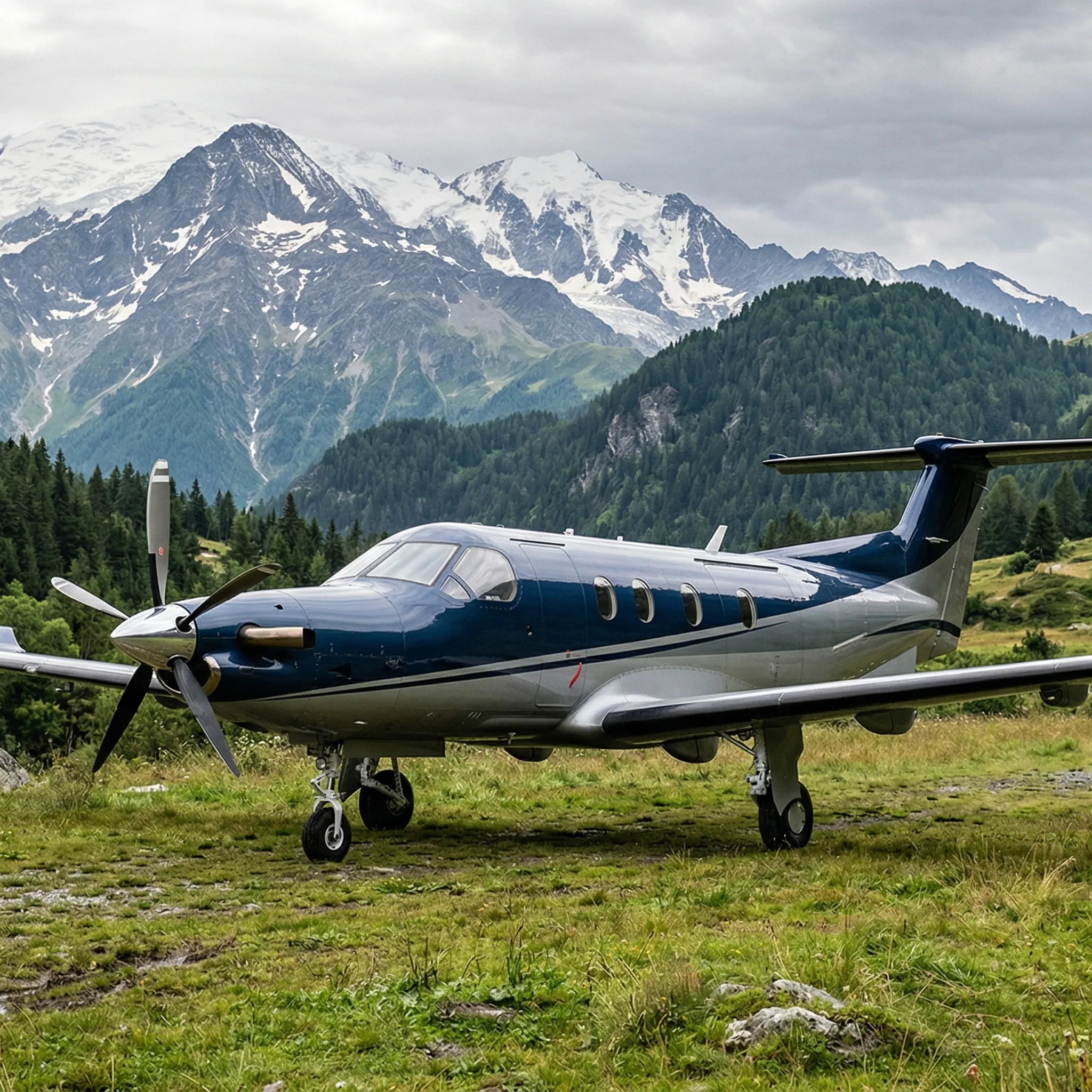 Pilatus PC-12 turboprop private aircraft on a remote short grass airstrip with mountain scenery