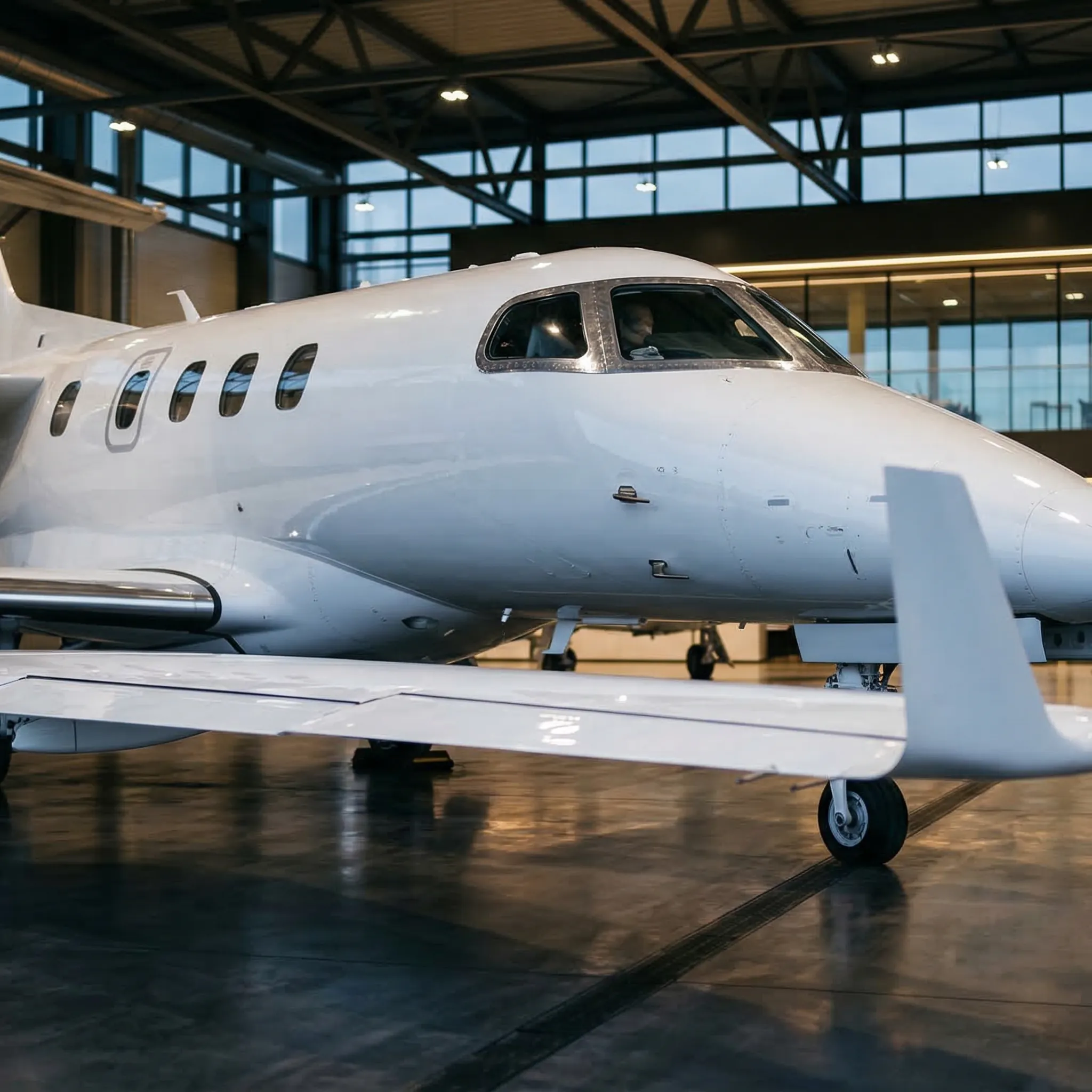 Embraer Phenom 300 light private jet inside a luxury FBO hangar with dramatic lighting