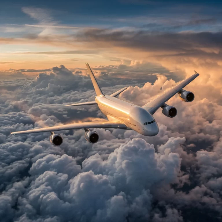 Airbus A380 wide-body aircraft flying above clouds at golden hour, highlighting its massive scale