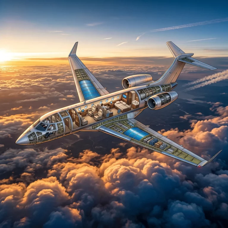 Ultra-long-range private jet in flight illustrating payload and range trade-offs