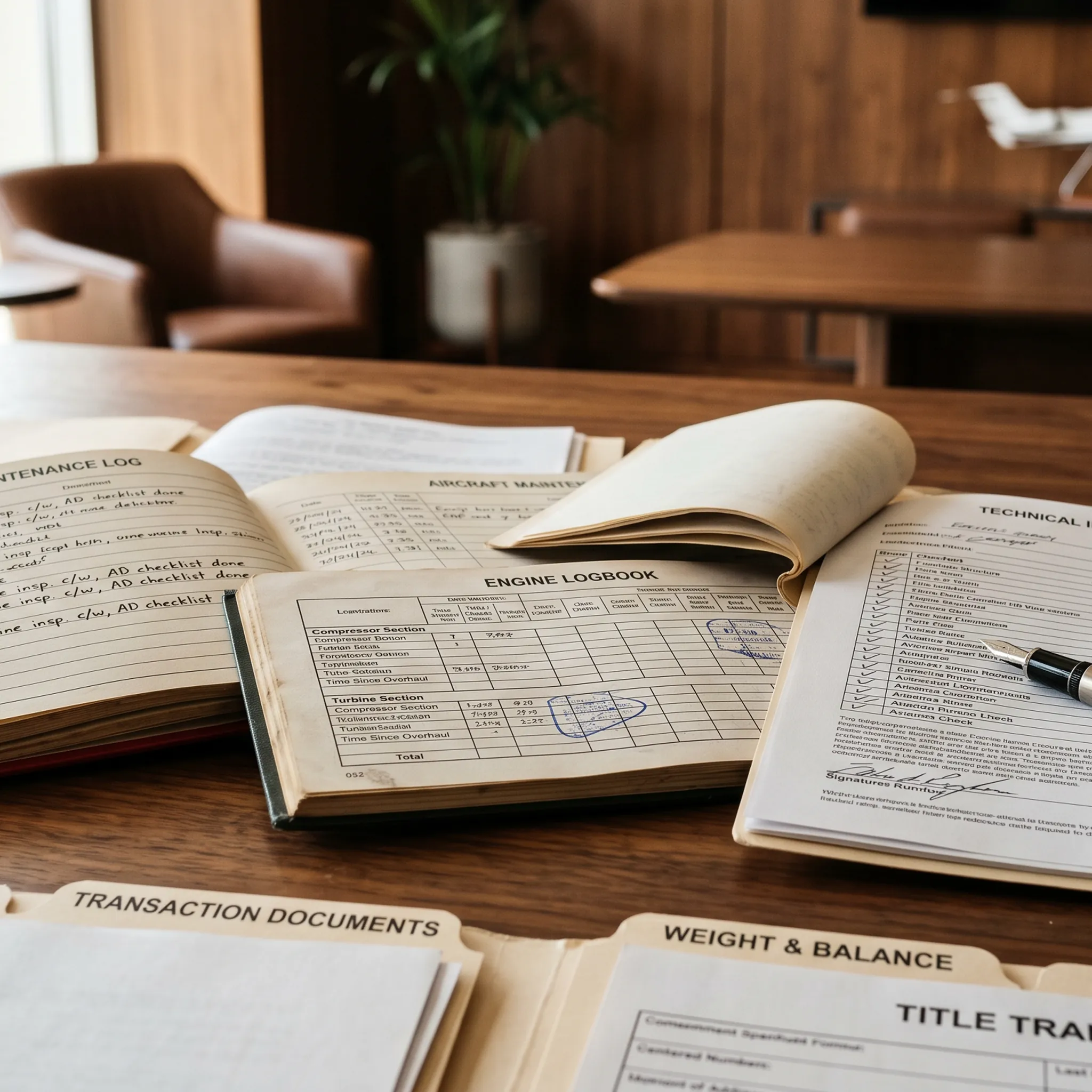 Aviation logbooks and aircraft transaction documents on executive desk representing pre-owned jet acquisition advisory process