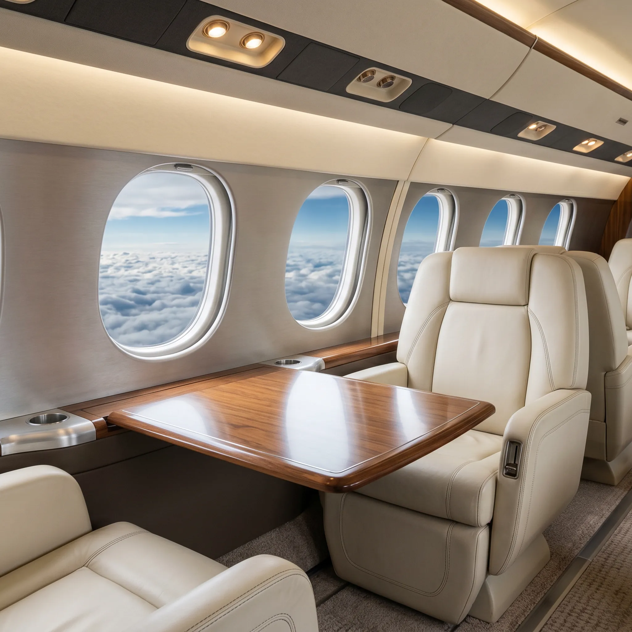 Luxurious large-cabin private jet interior with leather seats and wood veneer trim flying above clouds