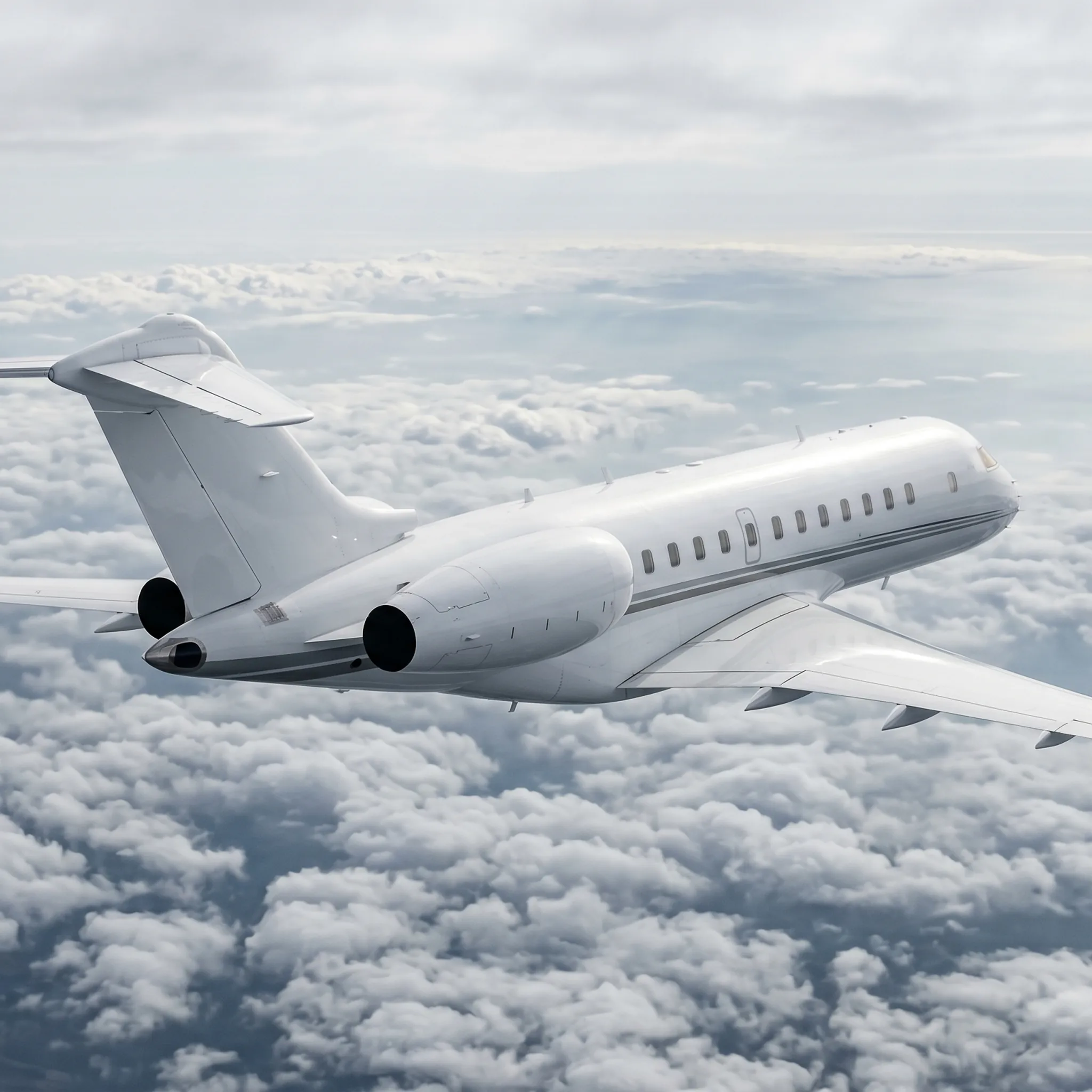 Large-cabin private jet in cruise flight above clouds with tail registration visible, aerial telephoto photograph