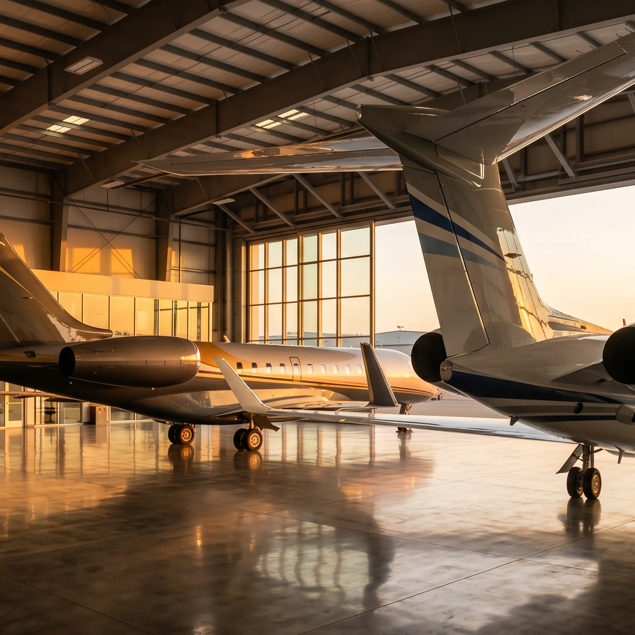 Two private jets parked inside luxury executive hangar at golden hour showing different aircraft registration prefixes