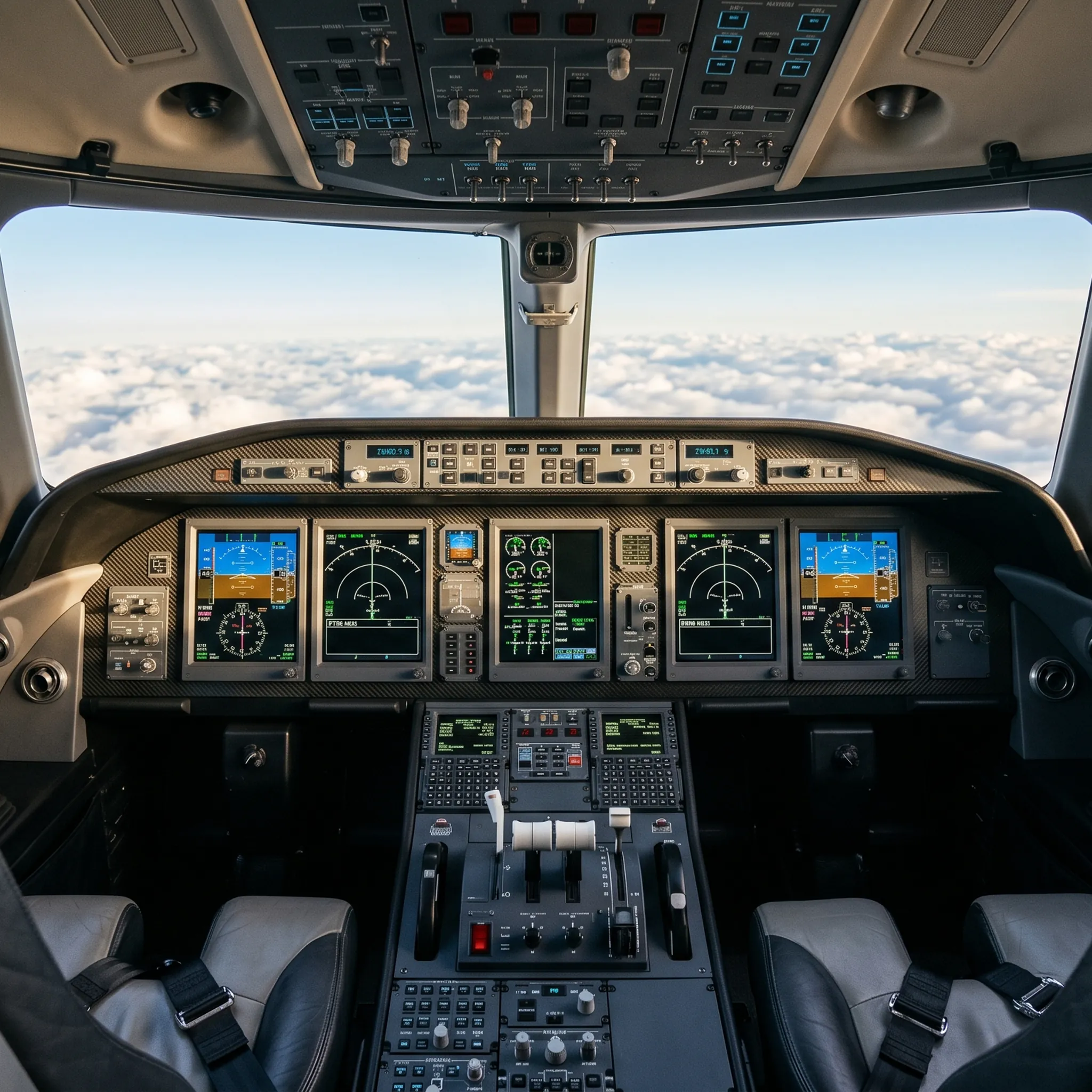 Modern private jet cockpit with glass avionics displays illuminated showing flight management system screens