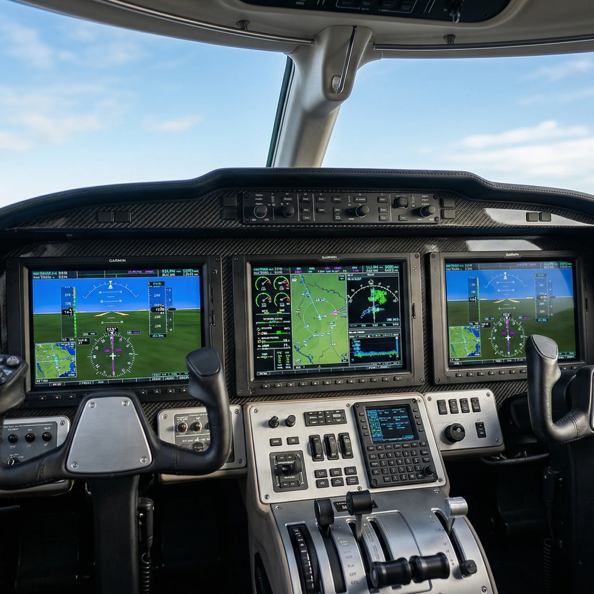 Garmin G3000 PRIME avionics cockpit in a light business jet showing three large touchscreen displays with navigation data