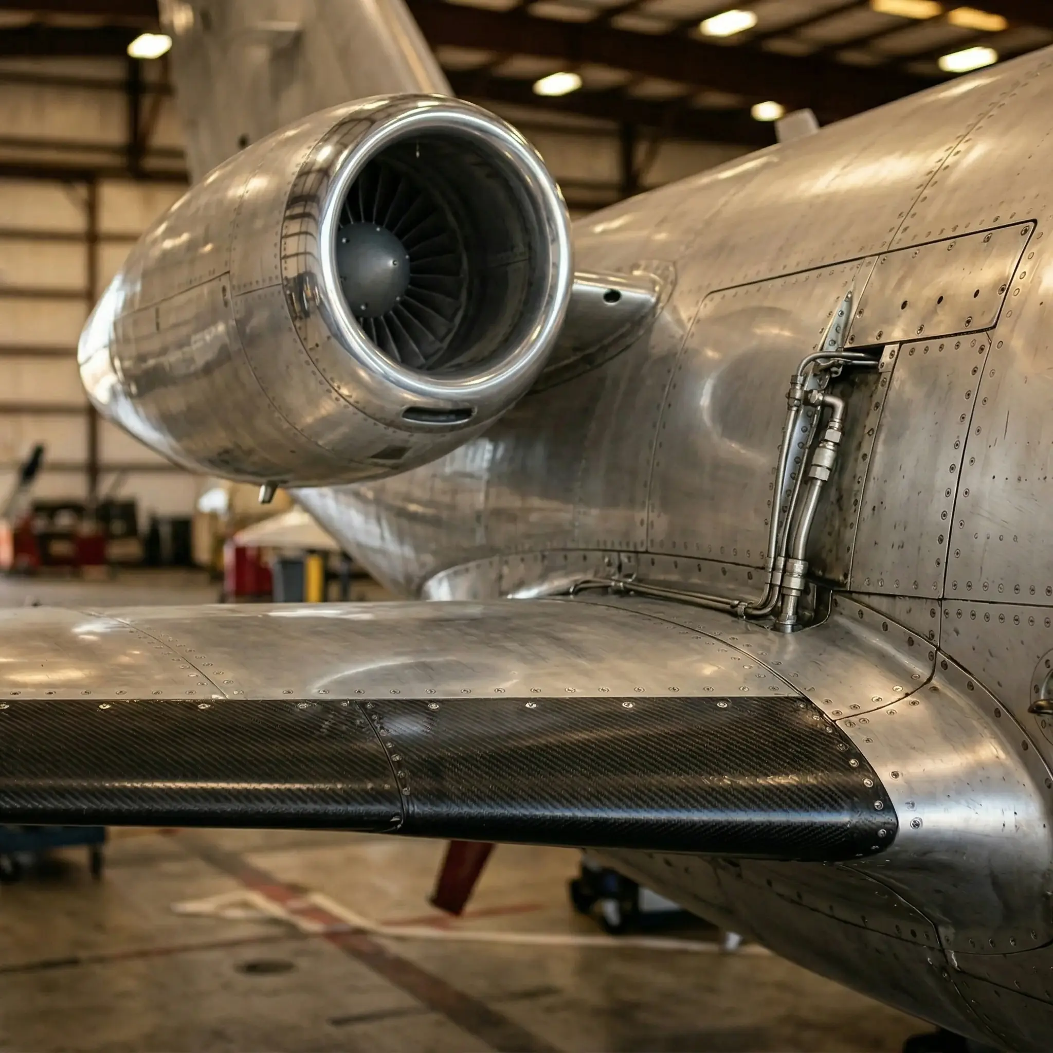 Close-up detail of light business jet engine nacelle and wing root showing polished aluminum and carbon fiber construction