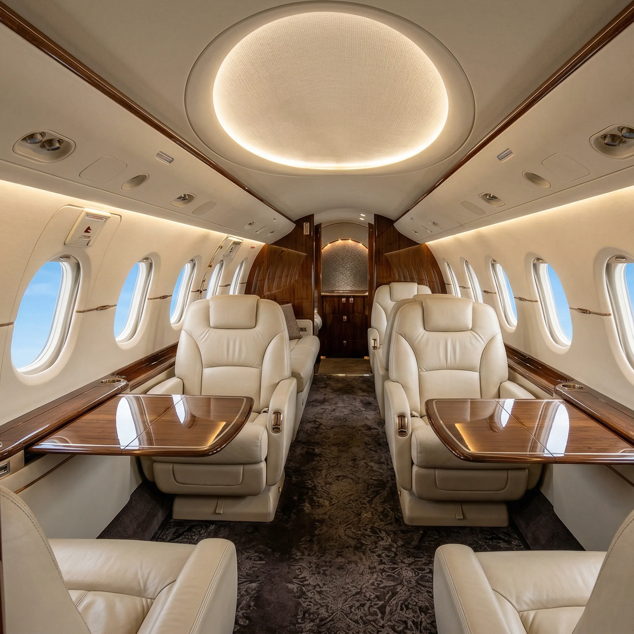 Citation CJ4 Gen3 private jet cabin interior showing leather seating, LED lighting, and large oval windows with blue sky view