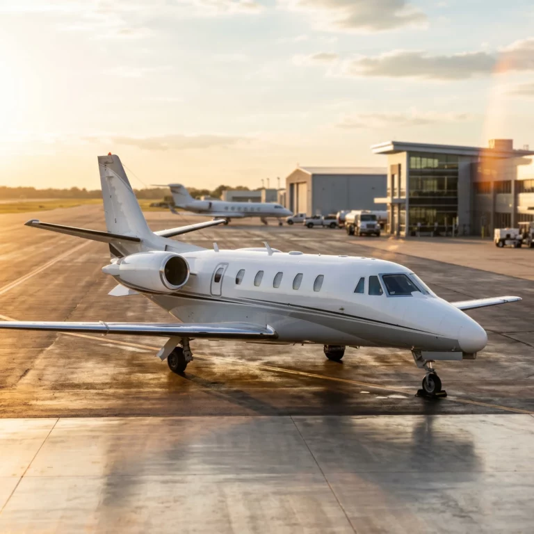 Private jet on an FBO ramp at golden hour representing FlyExclusive charter operations and industry consolidation