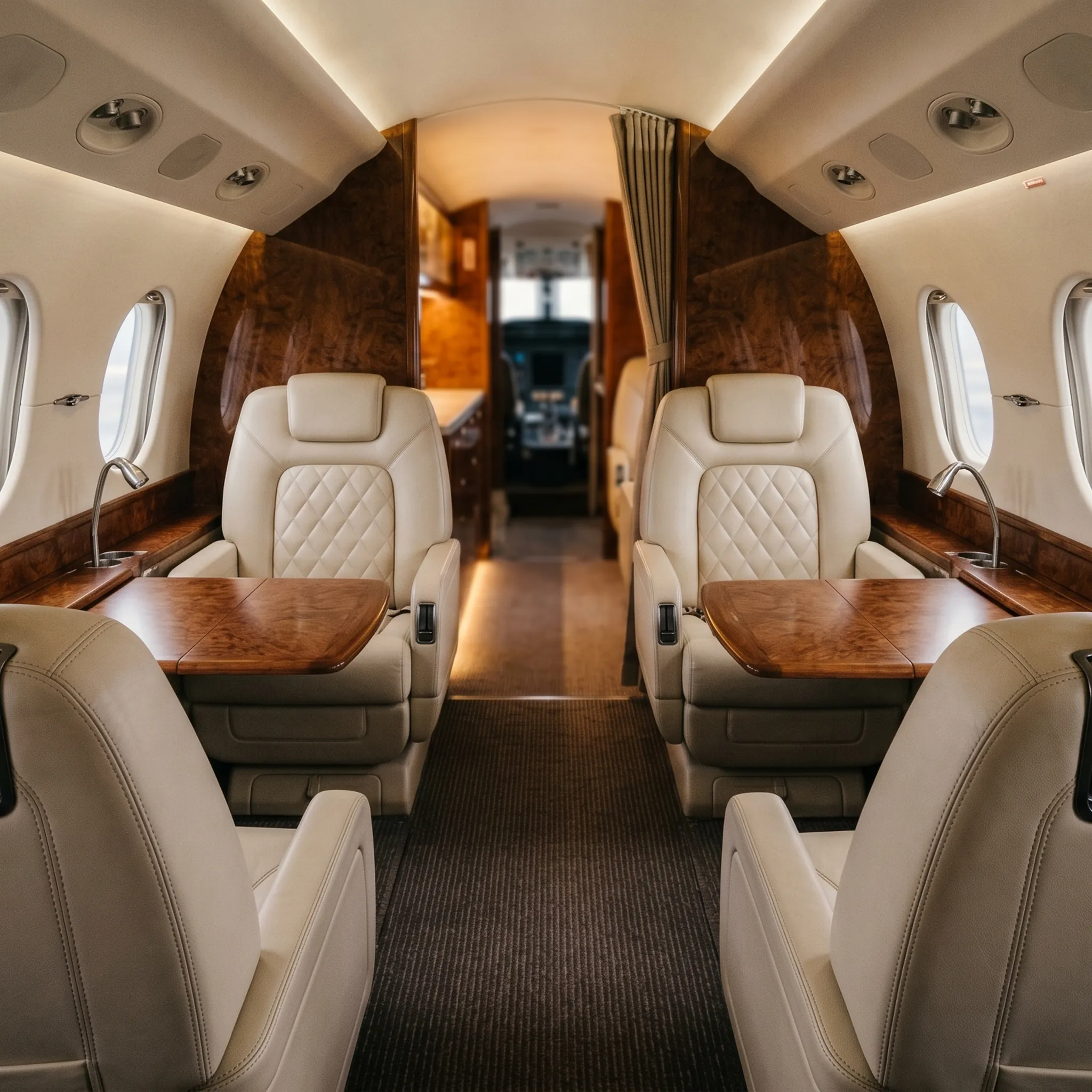 Luxurious private jet cabin interior with leather seating and wood trim representing charter flight quality