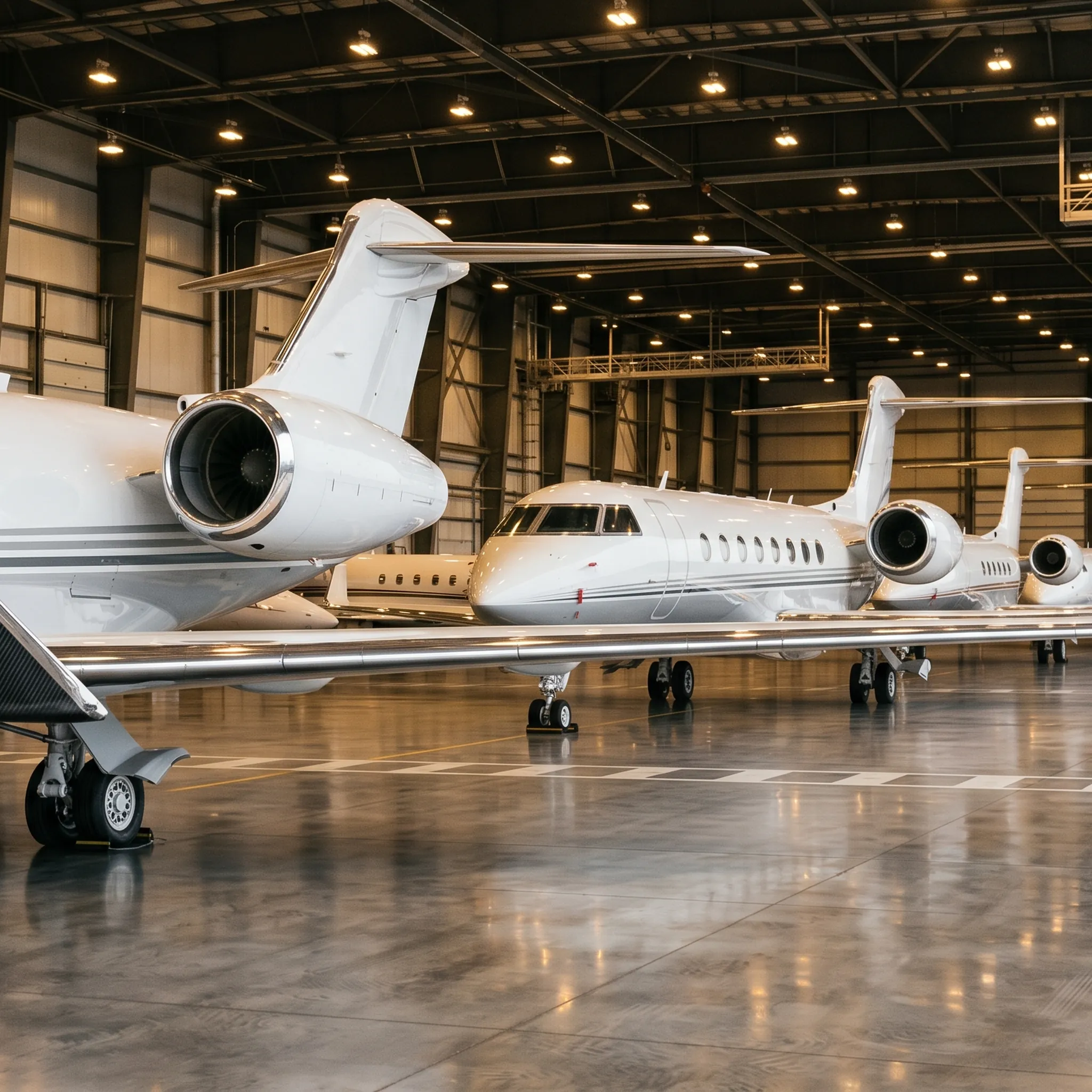 Fleet of private jets in an executive hangar representing charter operator consolidation in business aviation