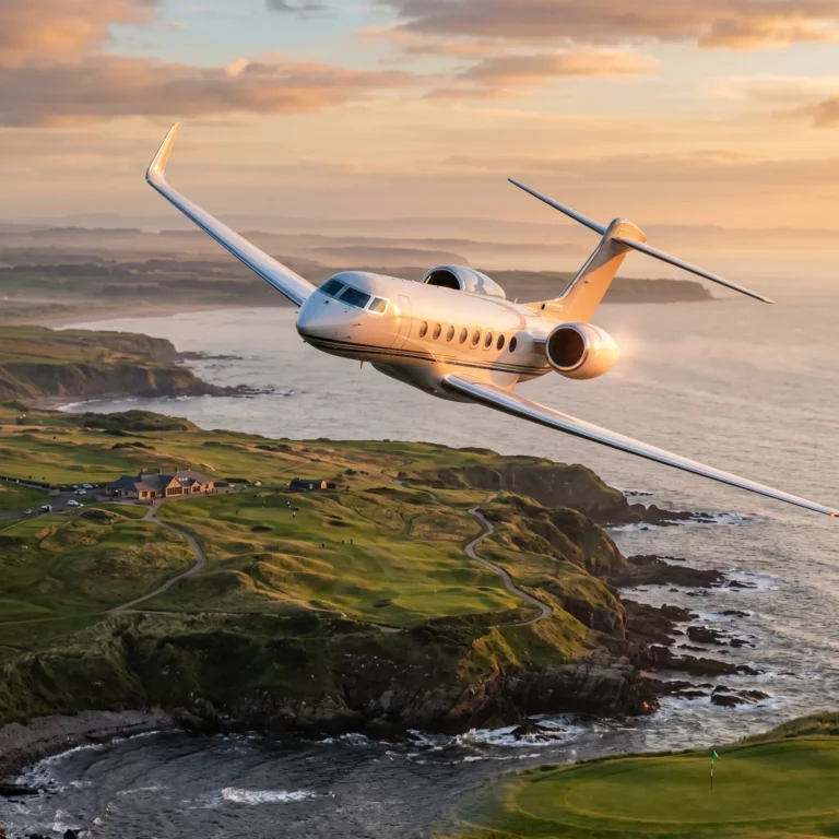 Ultra-long-range private jet flying over a British links golf course coastline at golden hour
