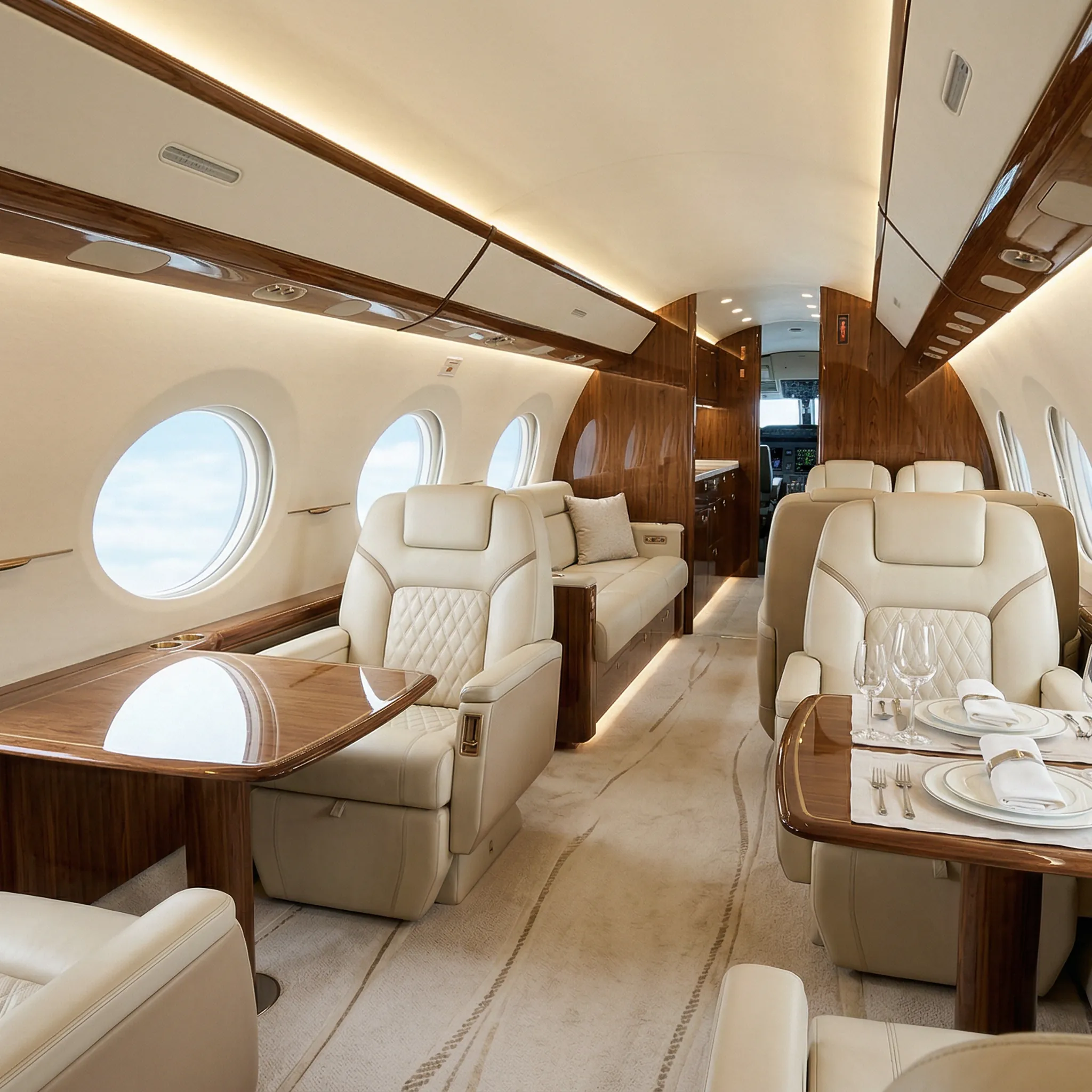 Gulfstream G800 cabin interior with four living zones and large oval windows providing abundant natural light