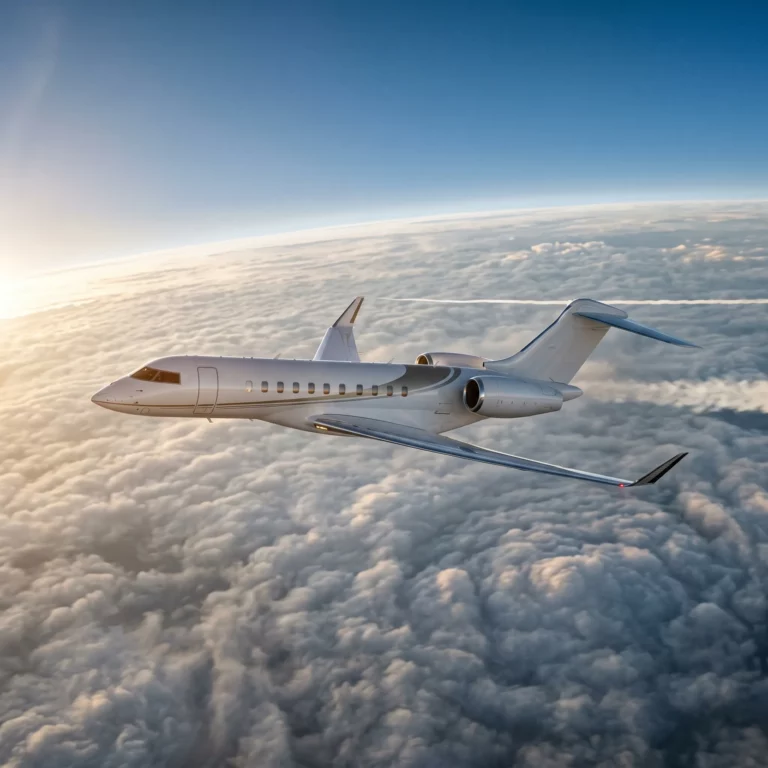 Bombardier Global 8000 private jet flying above clouds on an ultra-long-haul intercontinental mission