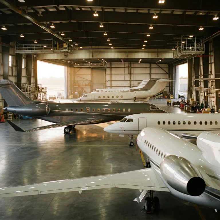 Two private jets parked side by side inside a large executive aviation hangar, representing fractional fleet access