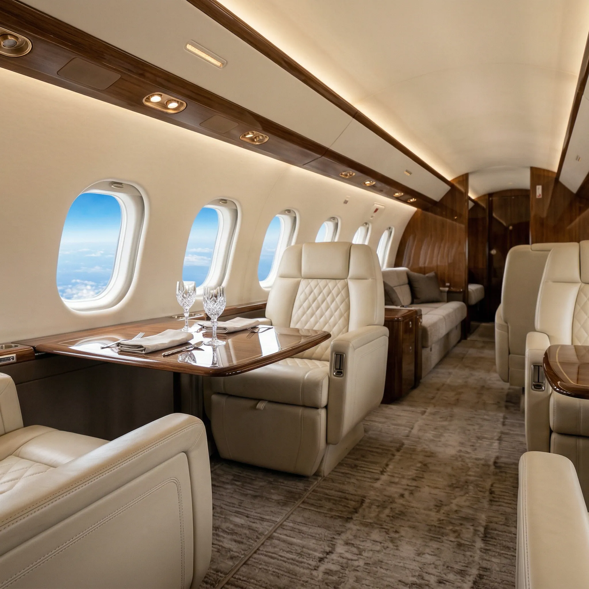Luxurious large cabin private jet interior with cream leather seating and warm ambient lighting, representing an upgrade category in fractional ownership